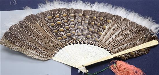 An unusual Chinese feather and ivory brise fan